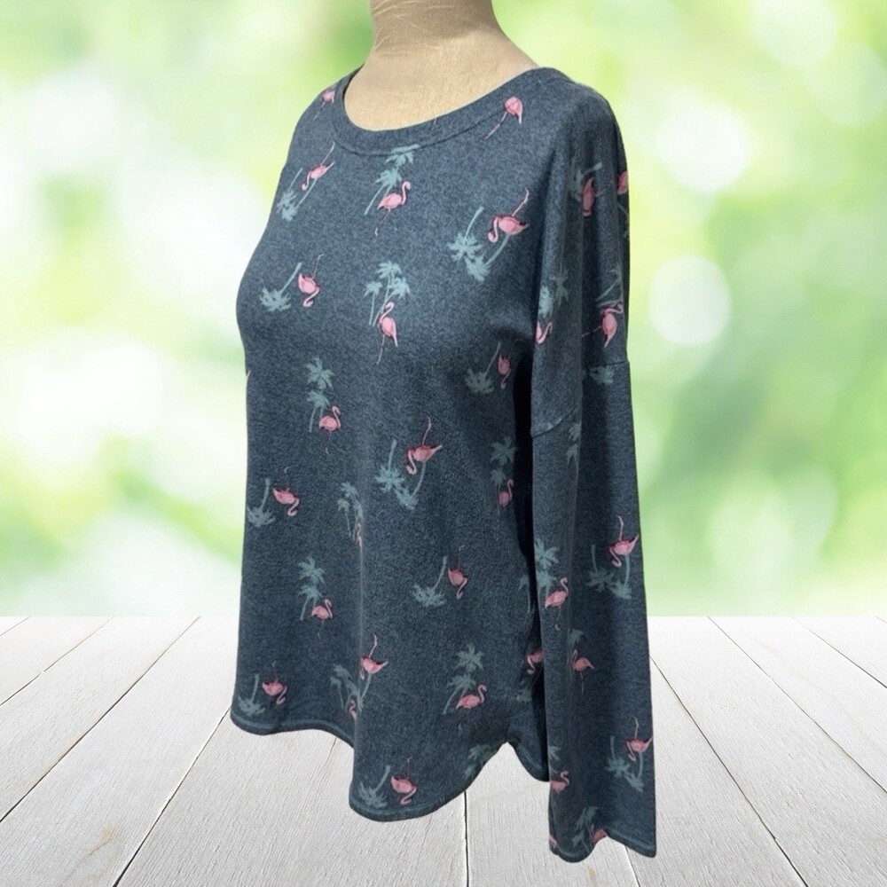 ELLEN TRACY Flamingo Sweater Palm Tree Tropical Novelty Teal Curved Hem Size L